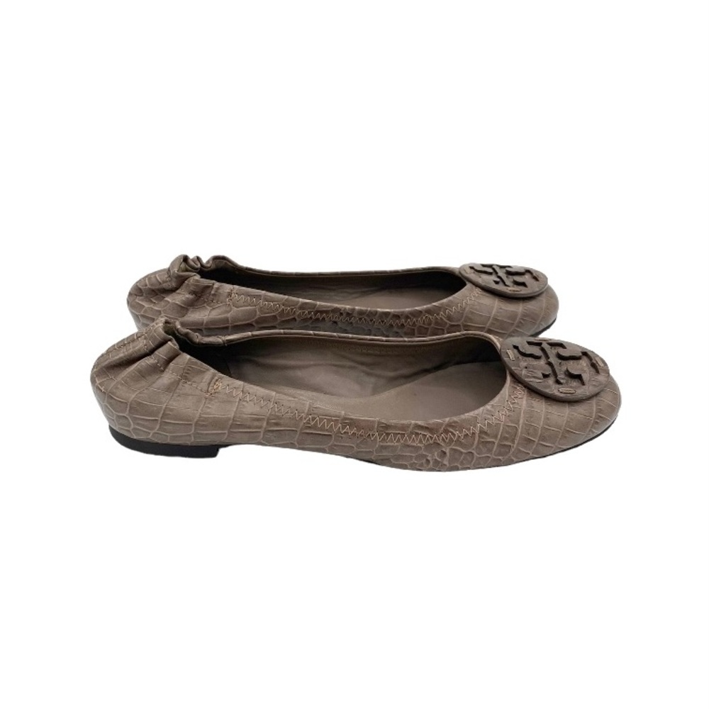Tory Burch Croc Embossed Leather Reva Scrunch Ballet Flats Beige - Picture 2 of 6